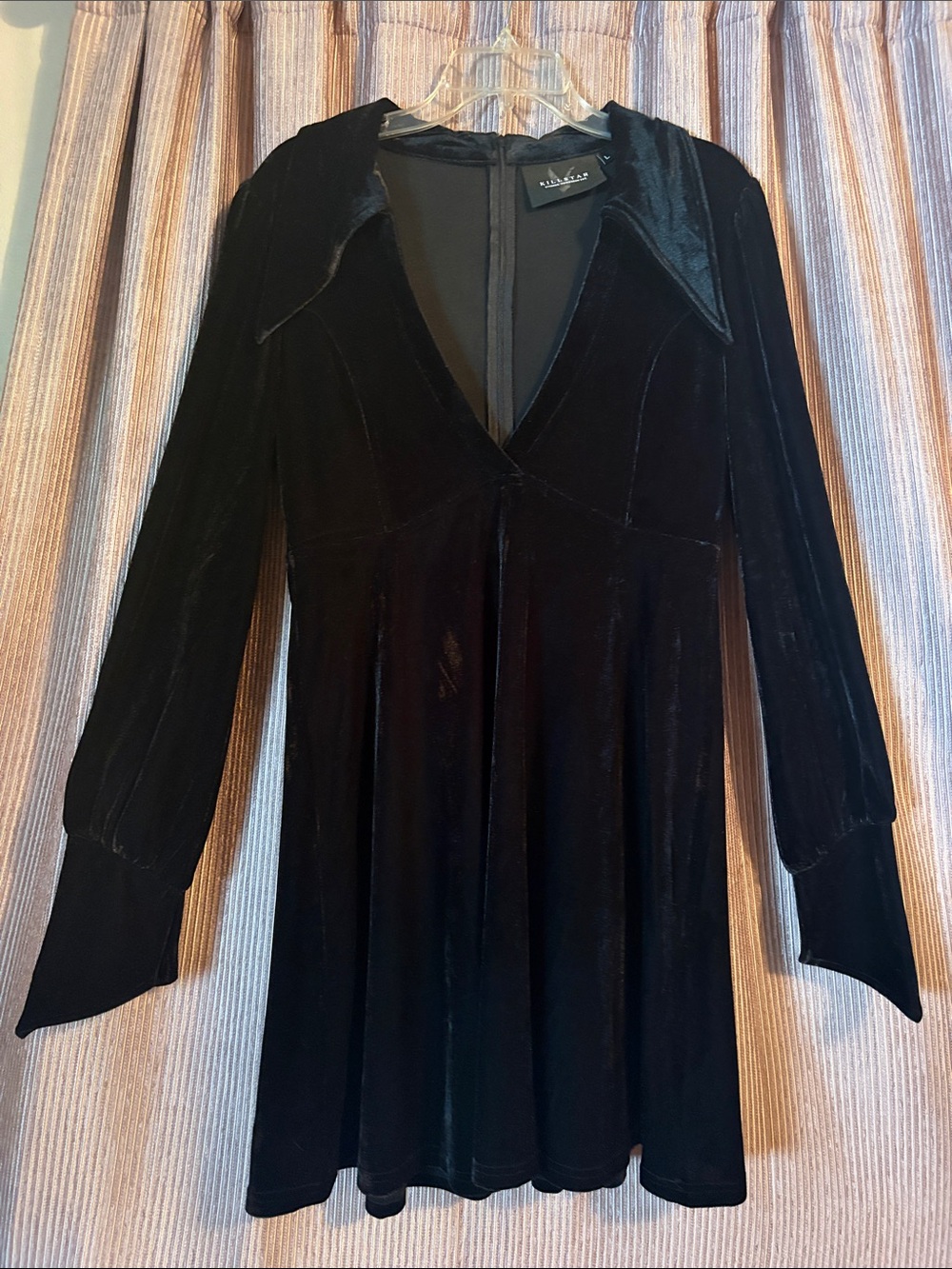 Killstar Hecate Velvet Plunge dress in black with long sleeve